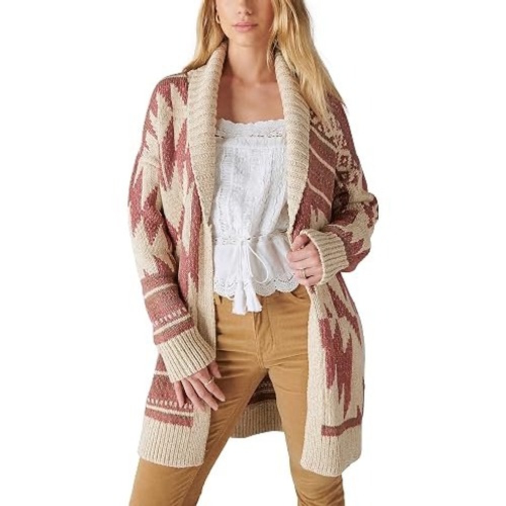 Lucky Brand Heritage Cardigan Sweater Women M Southwest Native Belted Thick Boho